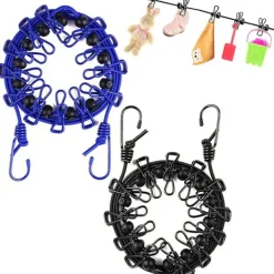 Tvättillbehör-2 Bärbara Klädstreckor med 12 Klädnypor, Bärbar In- och Utvändig Klädstrecka, Elastisk och Vindtålig Klädstrecka (Svart, Blå)