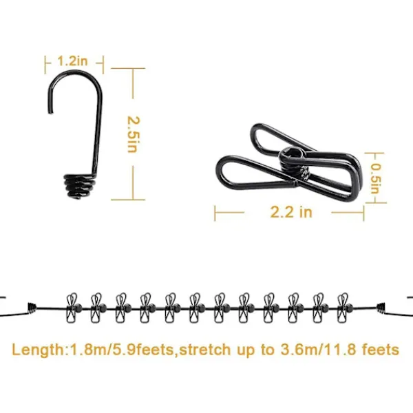 Tvättillbehör-2 Bärbara Klädstreckor med 12 Klädnypor, Bärbar In- och Utvändig Klädstrecka, Elastisk och Vindtålig Klädstrecka (Svart, Blå)