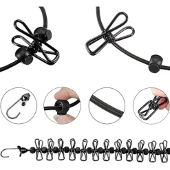 Tvättillbehör-2 Bärbara Klädstreckor med 12 Klädnypor, Bärbar In- och Utvändig Klädstrecka, Elastisk och Vindtålig Klädstrecka (Svart, Blå)