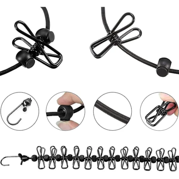 Tvättillbehör-2 Bärbara Klädstreckor med 12 Klädnypor, Bärbar In- och Utvändig Klädstrecka, Elastisk och Vindtålig Klädstrecka (Svart, Blå)