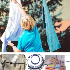 Tvättillbehör-2 Bärbara Klädstreckor med 12 Klädnypor, Bärbar In- och Utvändig Klädstrecka, Elastisk och Vindtålig Klädstrecka (Svart, Blå)