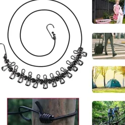 Tvättillbehör-2 Bärbara Klädstreckor med 12 Klädnypor, Bärbar In- och Utvändig Klädstrecka, Elastisk och Vindtålig Klädstrecka (Svart, Blå)