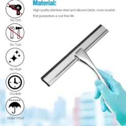 Fönsterrengöring-10” Duschrakel — Rakel för duschglasdörr, för glasdörrar, badrum, fönster och bilglas, duschrakel i rostfritt stål för duschdörrar med sugkoppskrok