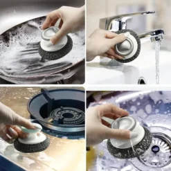 Svampar & Dukar-2 rostfria stålullssvampar med handtag, rengöringsborste för diskning