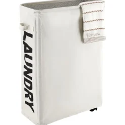 Tvättillbehör-22" Rullande Smalt Tvättkorg på Hjul Hög Smal Smutsig Tvättkorg Korg Hemmahörn Bin (Beige)