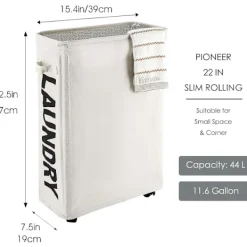 Tvättillbehör-22" Rullande Smalt Tvättkorg på Hjul Hög Smal Smutsig Tvättkorg Korg Hemmahörn Bin (Beige)