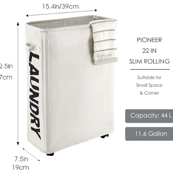Tvättillbehör-22" Rullande Smalt Tvättkorg på Hjul Hög Smal Smutsig Tvättkorg Korg Hemmahörn Bin (Beige)
