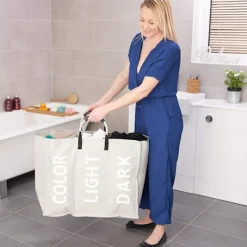 Tvättillbehör-3 sektioner tvättkorg hopfällbar väska hopfällbar tygkorg bärbar förvaringsbehållare