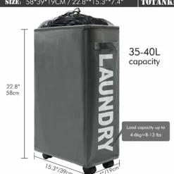 Tvättillbehör-22" Smal Rullande Tvättkorg med Handtag och Hjul, Hopfällbar Tvättkorg, Vikbar Tvättsorterare och Organisatör, Stor Förvaringskorg (Grå)