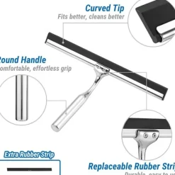 Fönsterrengöring-1 st Duschskrapa i rostfritt stål, Duschskrapa 25 cm med krok Ingen borrning och 1 silikonersättningsskrapa, Skrapa för badrum, spegel, glas C