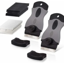 Fönsterrengöring-2 st Keramikhällsskrapa med 10 plastskrapor + 10 metallblad, Keramikhällsskrapa för borttagning av etiketter, Svart
