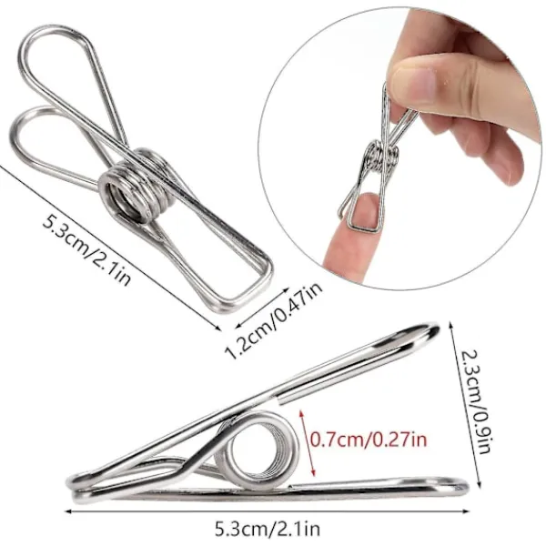 Tvättillbehör-60 st klädnypor i rostfritt stål, klädnypor, tvättlina, metallklämma, vindtät hängarklämma, silver, stark elasticitet -z