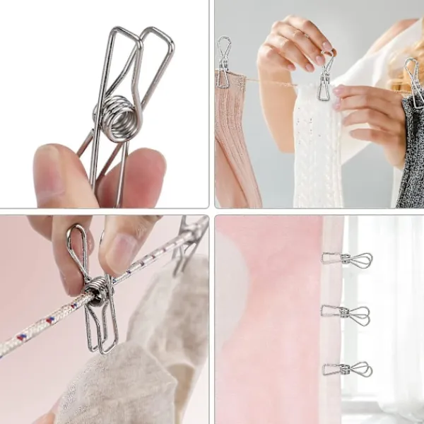 Tvättillbehör-60 st klädnypor i rostfritt stål, klädnypor, tvättlina, metallklämma, vindtät hängarklämma, silver, stark elasticitet -z