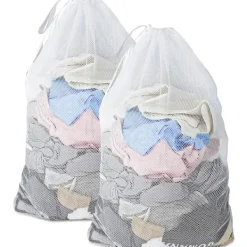 Tvättillbehör-2 st Nät Tvättsäckar med Dragsko, 60x90cm Extra Stor Kraftig Tvättväska för Fintvätt, Maskintvättbar Förvaringsväska (Vit)