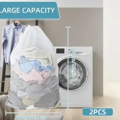 Tvättillbehör-2 st Nät Tvättsäckar med Dragsko, 60x90cm Extra Stor Kraftig Tvättväska för Fintvätt, Maskintvättbar Förvaringsväska (Vit)