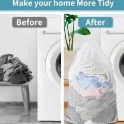 Tvättillbehör-2 st Nät Tvättsäckar med Dragsko, 60x90cm Extra Stor Kraftig Tvättväska för Fintvätt, Maskintvättbar Förvaringsväska (Vit)