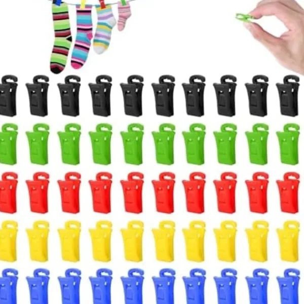 Tvättillbehör-50 Stycken Sock KlämmorSock Klämmor för Tvättmaskin och Torktumlare Sock Klämmor med Hängande KrokarMultifunktionell Sock Klämma Kläder
