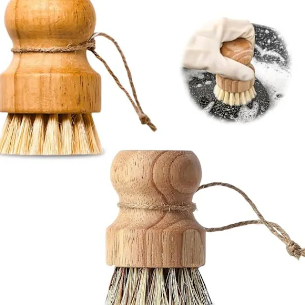 Svampar & Dukar-2 Svamp- och grönsaksborstar - trä med snöre och naturlig borst - för kök och badrum