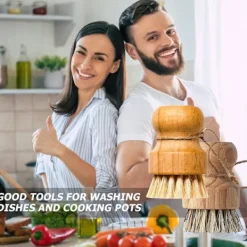 Svampar & Dukar-2 Svamp- och grönsaksborstar - trä med snöre och naturlig borst - för kök och badrum