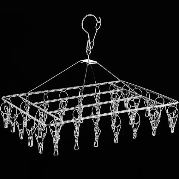 Tvättillbehör-1 Torkställning i rostfritt stål, rektangulär vindtät strumphängare för flera ändamål, levereras med 40 klämmor