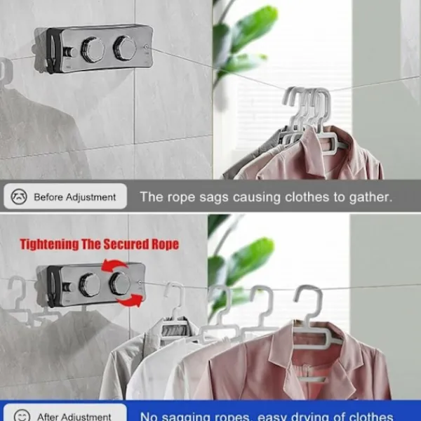 Tvättillbehör-2 x 5M Retractable Tvättlina, Väggmonterad Retractable Line wit