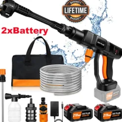 OEM Högtryckstvättar-Auto Sladdlös Högtryckstvätt, 6-i-1 Justerbar Munstycke, 270L/min Vattenflödeshastighet,2x 3.0Ah Batteri, Batteridriven