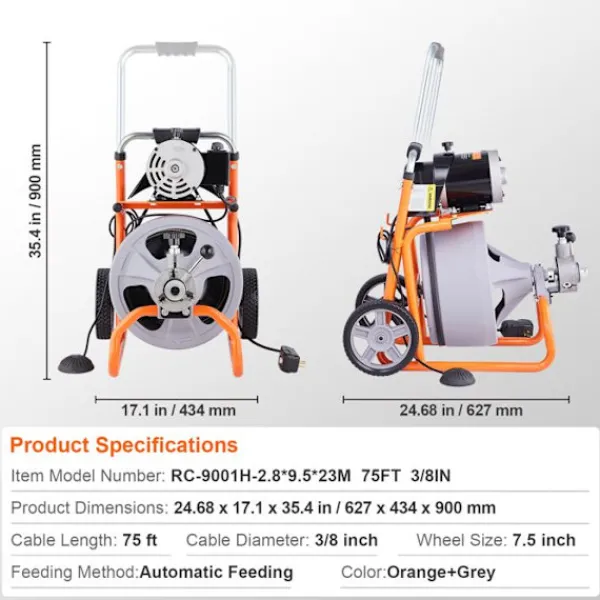 DUOKU Städmaskiner-Avloppsrengöringsmaskin-- 75FT x 3/8 Tum- Bärbar Avloppsorm- för rör från 2" till 4"