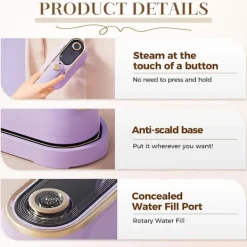 Strykjärn-Bärbar Klädångare Strykjärn, 1000W Dubbla Ånglägen & 180° Flexibelt Munstycke, Kompakt Handhållen Design för Resor och Affärer, Lila Co