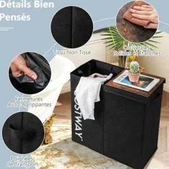 COSTWAY Tvättillbehör-105 L smutsig tvättkorg, 2 fack, 2 avtagbara foderpåsar, handtag, för badrum, tvättstuga