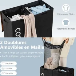 COSTWAY Tvättillbehör-105 L smutsig tvättkorg, 2 fack, 2 avtagbara foderpåsar, handtag, för badrum, tvättstuga