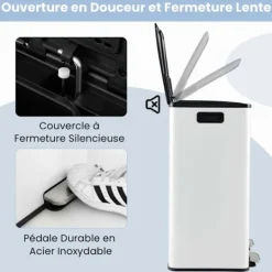 COSTWAY Soptunnor-Kökssorteringslåda, 2 Fack 2 x 30L, Dämpad Tyst Stängning, Anti-Fläckar och Lukt Vit