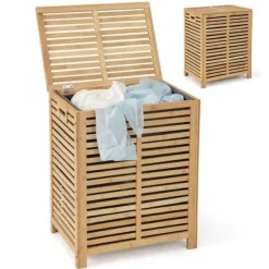 COSTWAY Tvättillbehör-80L bambu tvättkorg, tvättkorg med lock, foderpåse och handtag, 50 x 35 x 62 cm, natur