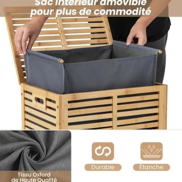 COSTWAY Tvättillbehör-80L bambu tvättkorg, tvättkorg med lock, foderpåse och handtag, 50 x 35 x 62 cm, natur