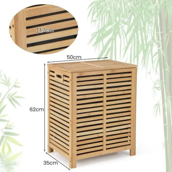 COSTWAY Tvättillbehör-80L bambu tvättkorg, tvättkorg med lock, foderpåse och handtag, 50 x 35 x 62 cm, natur