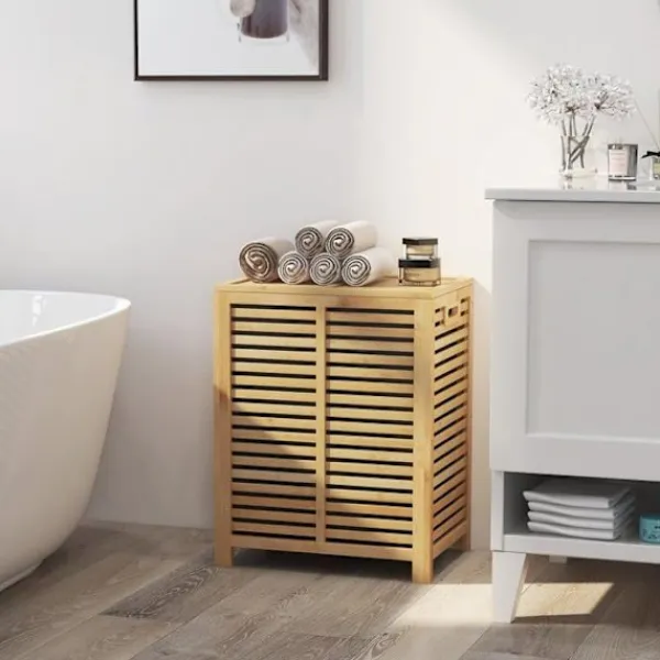 COSTWAY Tvättillbehör-80L bambu tvättkorg, tvättkorg med lock, foderpåse och handtag, 50 x 35 x 62 cm, natur