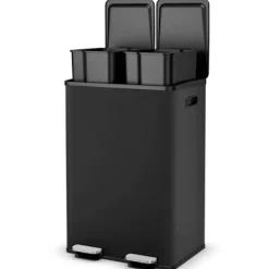 COSTWAY Soptunnor-Sopsortering Köksavfall, 2 Fack 2 x 30L, Dämpad Tyst Stängning, Anti-fläckar och Lukter Svart