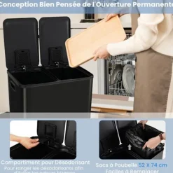 COSTWAY Soptunnor-Sopsortering Köksavfall, 2 Fack 2 x 30L, Dämpad Tyst Stängning, Anti-fläckar och Lukter Svart