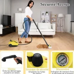 COSTWAY Ångtvättar-Dammstädare 2000W för vägglöss 5BAR-19 Tillbehör-Reservoir 1,8L-Universaldäck-160℃-Autonomi 35 min-