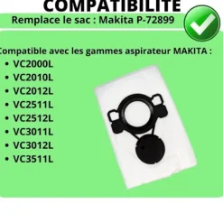 PHONILLICO Dammsugare & Tillbehör-Dammsugarpåse - Makita - P-72899 - 10-pack - Kompatibel med VC2000L VC2010L - Blandad
