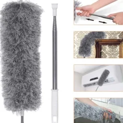 Fönsterrengöring-Dammtorkare teleskopisk tvättbar, dammvippa mikrofiber teleskopskaft i rostfritt stål och böjbar hörnborste, dammduk-FQ-