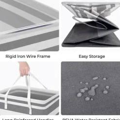 Tvättillbehör-2-delad stor tvättkorg, vattentät, fristående, hopfällbar hög klädkorg med förlängt handtag - (Gradient Grey, 75 liter)