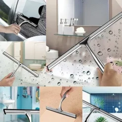 Fönsterrengöring-Duschskrapa, duschskrapa i rostfritt stål med sugkoppskrok, multifunktionell rengöring för badrumsspegelglasfönster