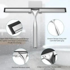 Fönsterrengöring-Duschskrapa i rostfritt stål, 25,5 cm duschskrapa med krok, för glas, spegel, kakel, kök - Silver