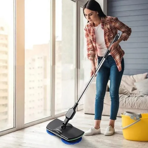 Städmaskiner-Elektrisk golvrengörare med roterande mopp, skrubber, polermaskin, golvrengöringsverktyg två blå