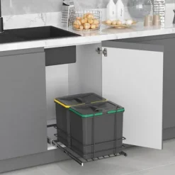 EMUCA Soptunnor-Återvinningsbehållare Recycle för kök, 2 x 16 L, fastsättning från botten och manuell uttagning, Grå antracitplast