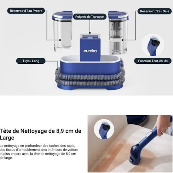 EUREKA Städmaskiner-NEY100 - Tvättmaskin för tygsoffor - 12500Pa - Dammsugare för rengöring av soffor, mattor, bilar - Vattentank 1.5 L