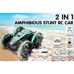 EURL Tvättmaskiner-Fjärrkontroll Amfibie 4WD Vattentät Stunt Terrängbil för Barn 2.4GHz Fjärrkontroll 360° Roterande Fjärrkontrollbil Vatten