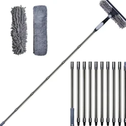 Fönsterrengöring-Fönsterskrapa 2-i-1 med teleskophandtag 4,5 m - Fönsterputsning för höga fönster, bil, dusch, inomhus & utomhus, grå【GKS】