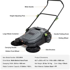 DUOKU Städmaskiner-Gångförare sopmaskin--Manuell trycksopmaskin 25,6 tum-5 gallons avfallskärl