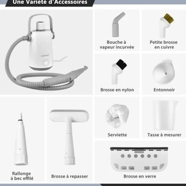 COSTWAY Ångtvättar-Handdammsugare med ångfunktion 1000W för vägglöss 300 ml tank 10 tillbehör Temperatur 95°C Tryck 3 Bar